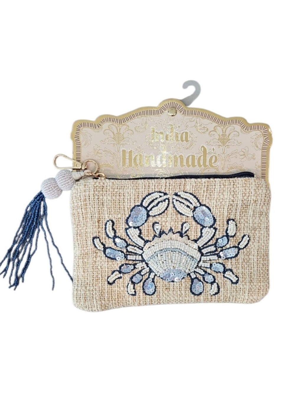 NWT Viral Beaded Blue Crab Wristlet On Natural Woven Fabric - India Handmade 🦀✨ - Picture 3 of 9